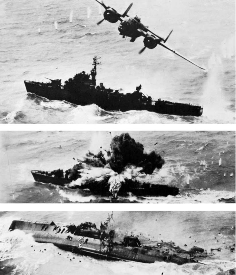 B-25 Mitchell skip-bombs a Japanese Kaibokan escort ship, 6 April 1945<br><br>B-25 Mitchell, nicknamed "Ruthless Ruth", pulls up after making a skip-bombing run on Japanese coastal defense vessel No. 134. The plane was flown by USAAF Lieutenant Louie A. Mikell of the 499th Bomb Squadron ("Bats Outa Hell"), part of 5th Air Force. Japanese convoy HOMO-03 left Hong Kong enroute to Shanghai, consisting of subchasers CH-9 and CH-20, destroyer Amatsukaze, Kaibokan (escort destroyers) Coastal Defense Vessels No. 1 and No. 134, Tokai Maru Number 2 and Kine Maru on April 4, 1945.<br><br>Attacks by US Air Force B-24 Liberators on April 5 sink the two transports, and the convoy breaks up. The subchasers return to Hong Kong while the destroyers head for Amoy, China. Enroute, CH-9, CH-20 and No. 1 are damaged by another wave of B-24s. The next day, the three destroyers are found by twenty-four B-25s of the 345th; the Americans volunteered for the long over-water flight from their base at San Marcelino, Luzon to the Japanese ships off the China coast. Lt. Mikell scored a near-miss with his delayed fuse bomb; Lieutenant Francis Thompson strafed the ship; the flight leader scored a hit amidships. No. 134 rolled over to starboard and sank, her surviving crew abandoning ship to the shark-infested waters. No. 1 was also skip-bombed and sank. Amatsukaze destroyer was also heavy damaged. Her crew beached the ship a mile away on a reef, at the entrance to Amoy harbor, but slipped stern-first into the sea and sank with the loss of 44 of her crew.<br><br>The tactic used in these attacks is called skip-bombing. Skip bombing is a low-altitude bombing attack that has been successfully used against naval targets. It consists of a string of from two to four bombs dropped from such an altitude and distance from the target that a complete miss is improbable. The attack should be delivered with the idea in mind of securing a maximum of surprise and should not be repeated against the same targets too often. The altitude of the attack should be from 200 to 300 feet (60-90 meters) and the bomb-release line from 350 to 200 feet (60-100 meter) from the target. Skip bombing was very effective but also potentially suicidal if the target was on high alert and equipped with good AA guns and directors.<br><br>Interesting stuff:<br><br>In the last frame, you can see a lot of men in the water, or working their way down the port side of the hull. Sources say that 44 of her crew of 240 died in this attack. The ship in the photo is a Kaikoban type C diesel engined escort ship. The C Type escorts were used for convoy escort operations. However by 1944 the advantage had passed to the US, and many C Type vessels became casualties as the Japanese merchant fleet was devastated by the American submarine offensive. There were 53 finished during the war of the 300 planned, and several completed after World War II ended. 26 were sunk during the war.<span class="fn" ><a href="http://www.facebook.com/WeaponSystems/photos/a.729516493759057.1073741928.211645425546169/1029524517091585/?type=1" target="_blank">http://www.facebook.com/WeaponSystems/photos/a.729516493759057.1073741928.211645425546169/1029524517091585/?type=1</a> </span>  <br>