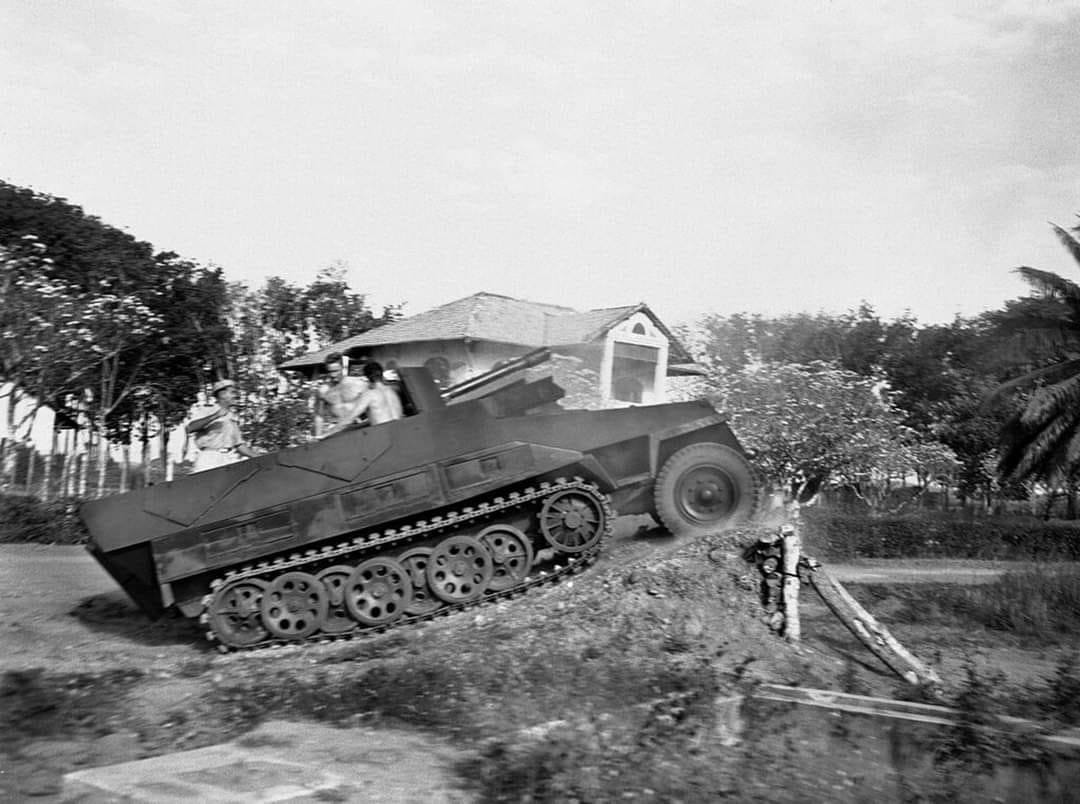 A French Sd.kfz. 251 with Pak 97/38 of Royal Pologne / 5th regiment of cuirassiers  at Heveas rubber plantation in Vietnam during the First Indochina War,26th Feb 1951.<br>