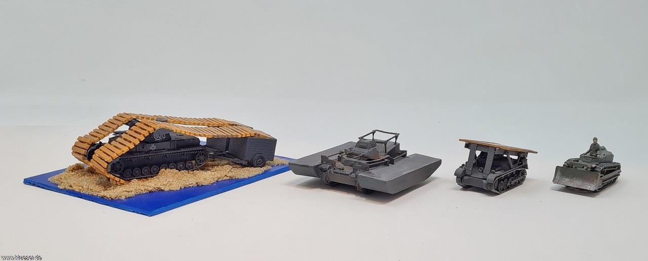 Brückenleger I, PzKpfw II C Schwimm-Befehls-Panzer, PzKpfw IV Faltstrassenleger, Bergeschlepper 730(f)
